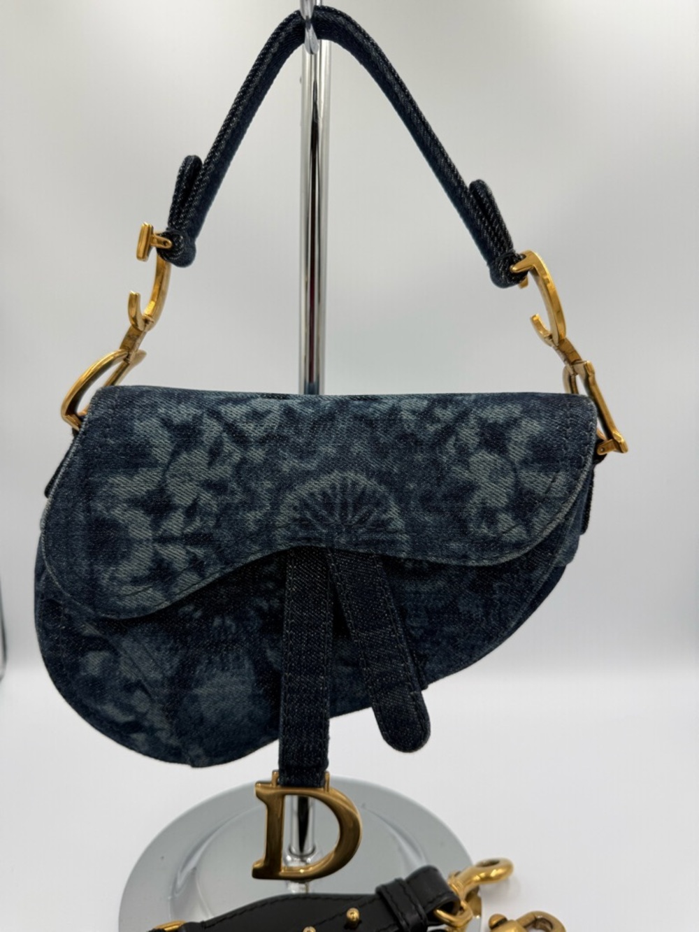 Dior Navy Denim Tie Dyed Saddle Mini Bag with Gold D Charm and Strap - Picture 2 of 16